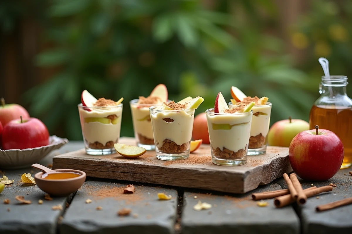 Plateau rustique de verrines aux pommes en mousse et tranches fines sur terrasse en pierre avec décoration automnale