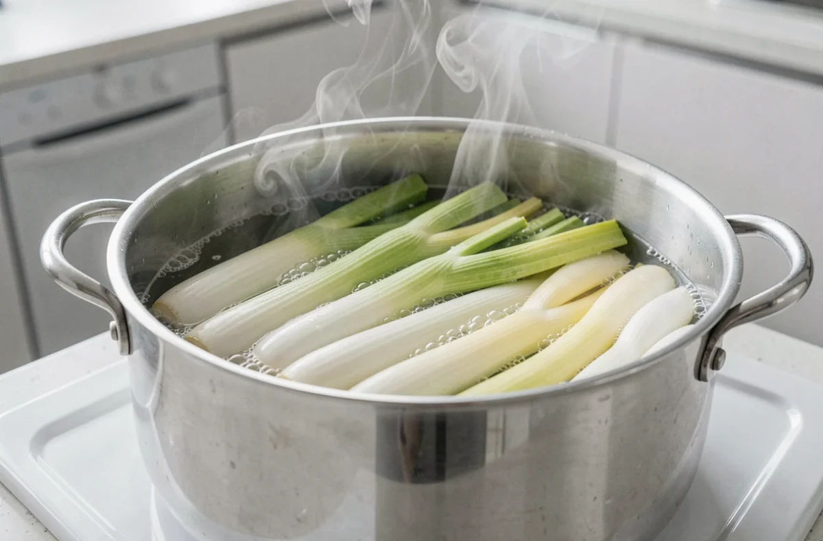 Poireaux en train de cuire dans une casserole d'eau bouillante sur une cuisinière blanche moderne