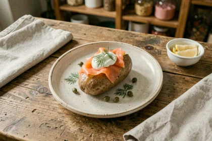 Pomme de terre au four garnie de saumon fumé, crème fraîche et aneth sur une table en chêne rustique