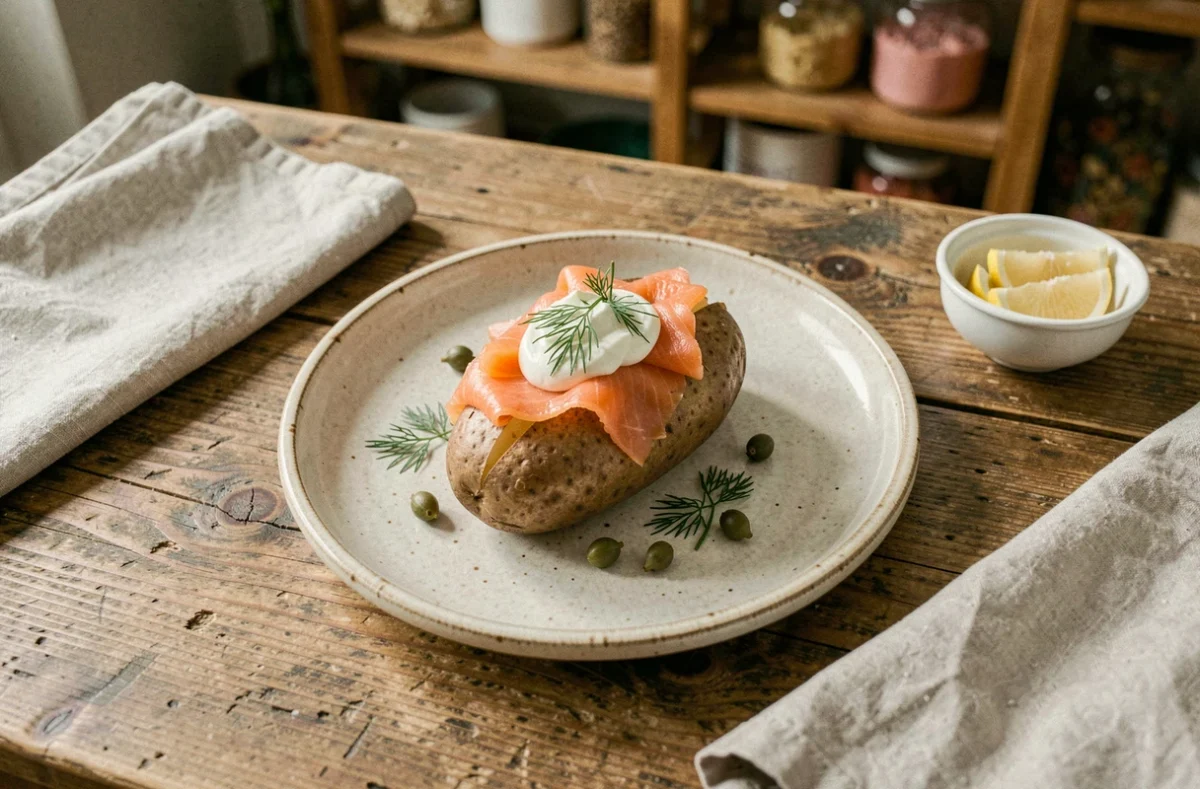 Pomme de terre au four garnie de saumon fumé, crème fraîche et aneth sur une table en chêne rustique