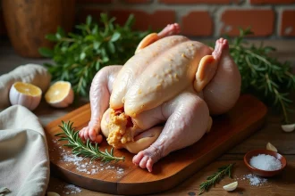 Poulet fermier entier cru posé sur une planche en bois rustique avec herbes aromatiques et ail, prêt pour la cuisson au four