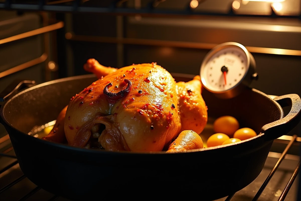 Poulet rôti doré de 1,5 kg dans un plat en fonte avec pommes de terre et thermomètre de cuisson visible au four