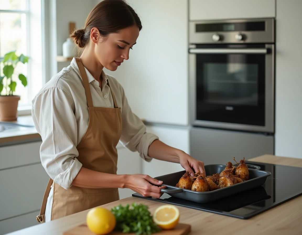 Cuisinier préparant des cailles au four dans une cuisine moderne, recette rapide du soir
