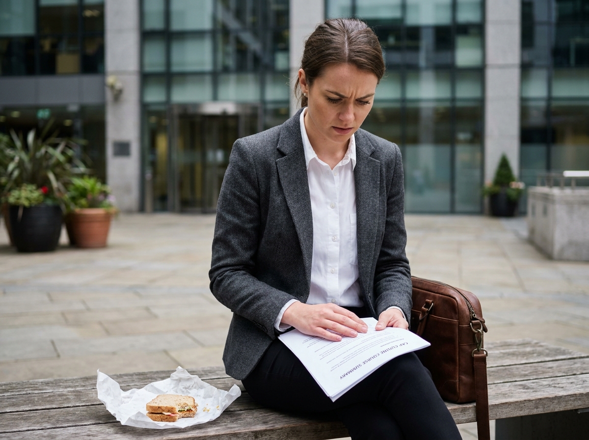 Jeune femme en activité professionnelle révisant ses cours de CAP cuisine pendant sa pause déjeuner en milieu urbain