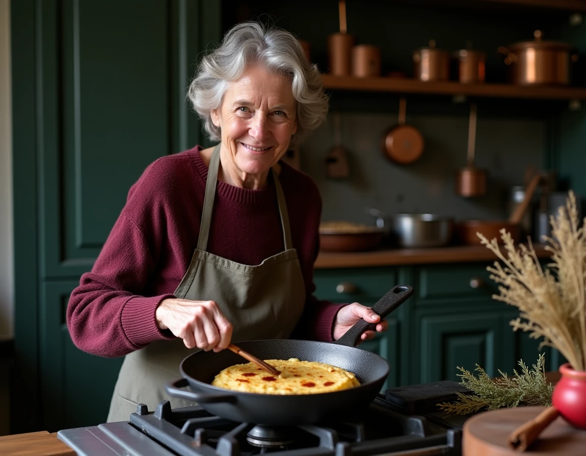 Femme préparant des crépiaux aux pommes et épices d'hiver dans une cuisine rustique française avec poêle en fonte