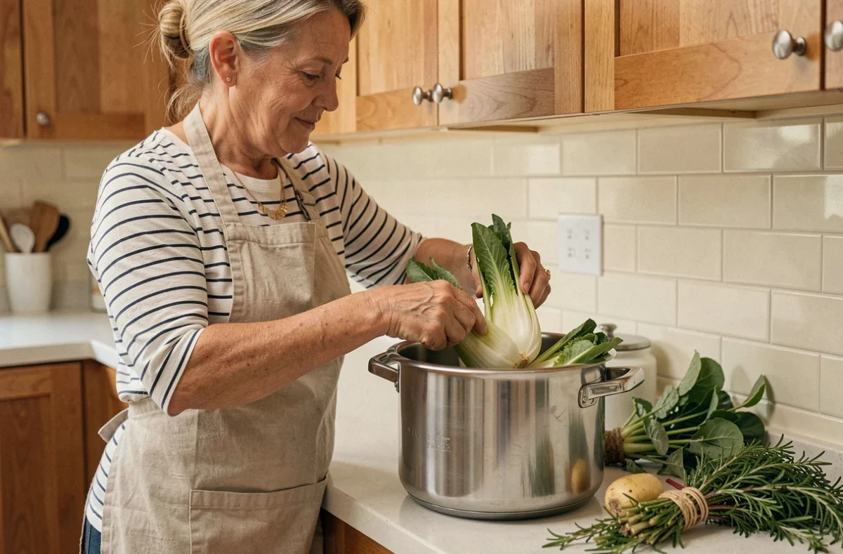 Femme préparant des endives dans une cocotte minute sur un plan de travail de cuisine moderne