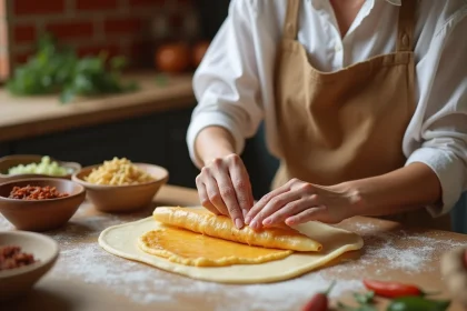 Femme préparant des feuilles de brick maison en les pliant autour d'une farce épicée sur un plan de travail en bois dans une cuisine chaleureuse