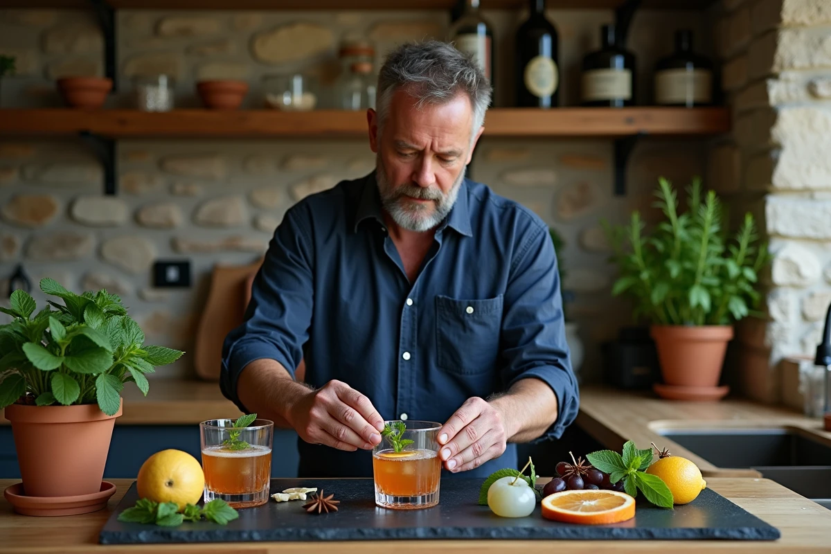 Homme préparant les garnitures pour un cocktail Ricard personnalisé avec agrumes, anis étoilé et menthe fraîche dans une cuisine provençale moderne