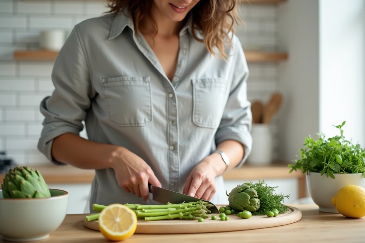 Femme préparant des légumes de saison d'avril dans une cuisine moderne : asperges, artichauts et petits pois