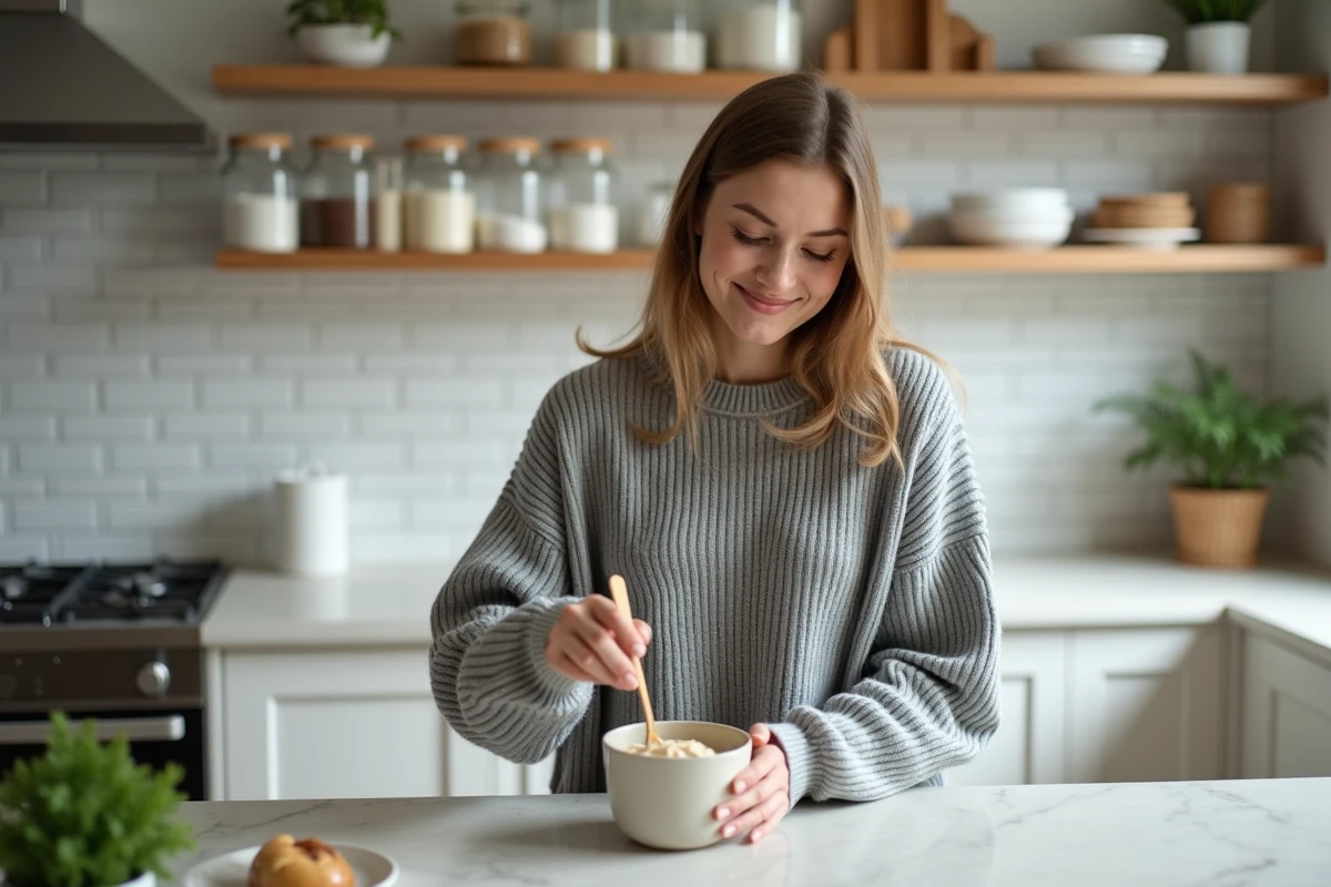 Femme préparant un mugcake sans œuf dans sa cuisine moderne en versant la pâte dans une tasse