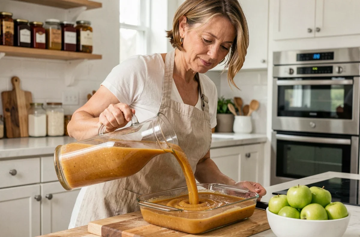 Femme versant de la purée de pommes dans un plat allant au four pour préparer des pâtes de fruit maison, méthode de cuisson au four