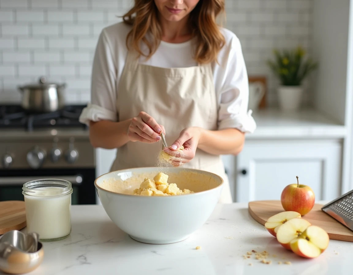 Femme préparant la pâte du gâteau au yaourt aux pommes dans un saladier en céramique sur un plan de travail en marbre blanc