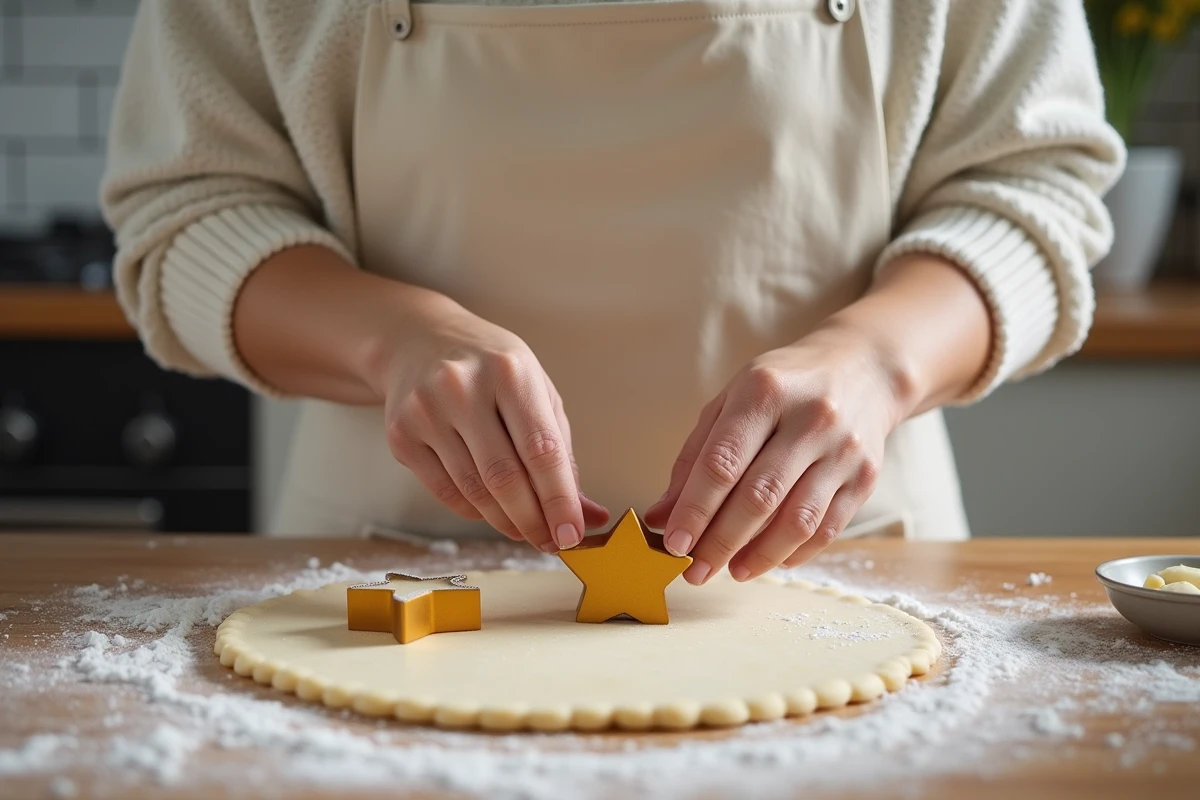 Femme utilisant des emporte-pièces étoile et croissant de lune sur une abaisse de pâte à sablés amande farinée, dans une cuisine maison chaleureuse