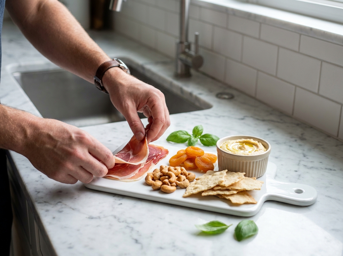 Mains en train de préparer un plateau apéro minimaliste avec crackers, charcuterie, fruits secs et houmous sur un plan de travail en marbre