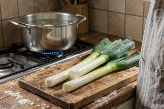 Poireaux frais découpés sur une planche en bois avant cuisson à l'eau dans une grande casserole en cuisine rustique
