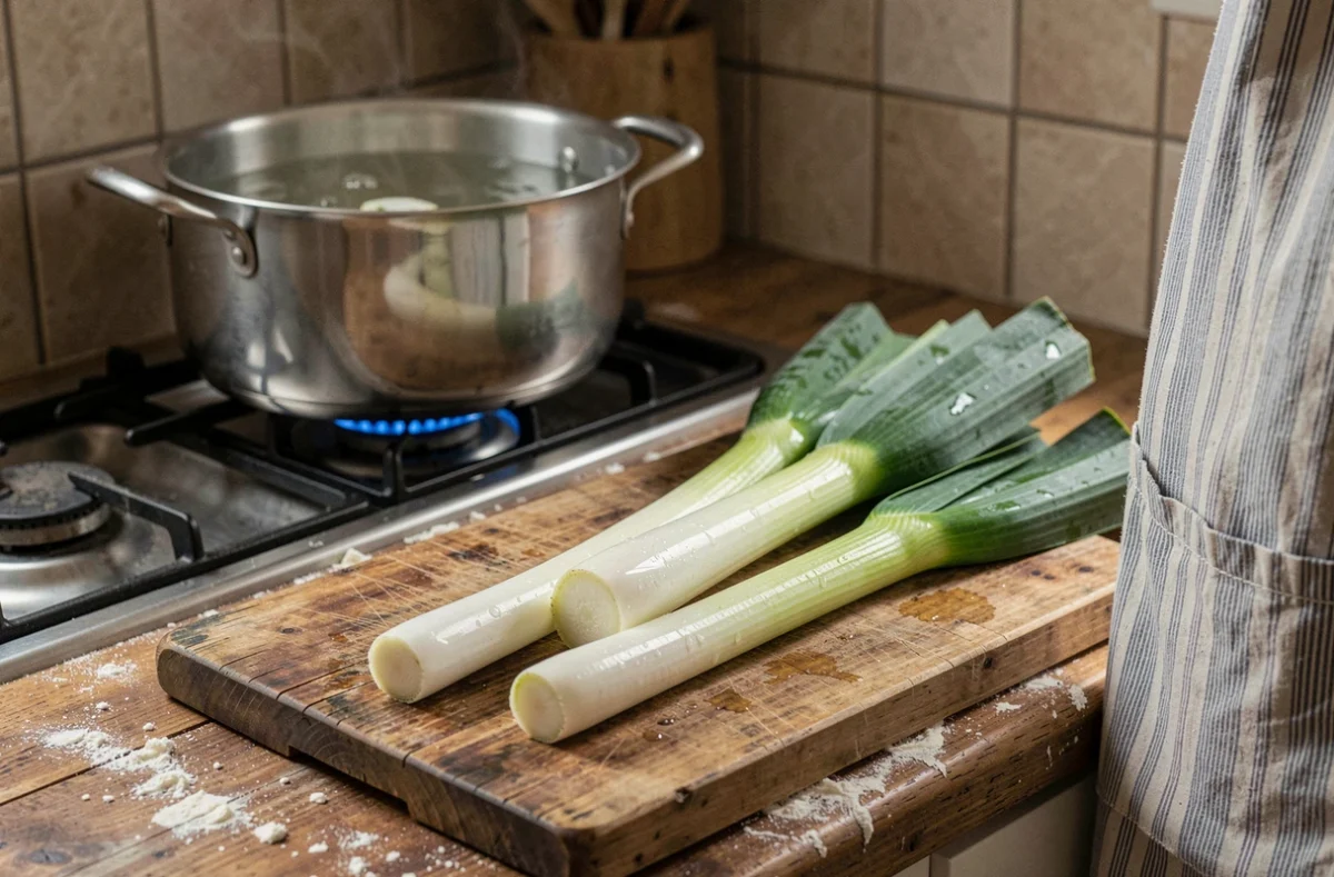 Poireaux frais découpés sur une planche en bois avant cuisson à l'eau dans une grande casserole en cuisine rustique