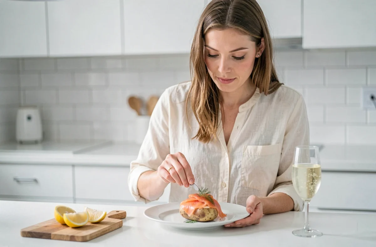 Femme préparant une pomme de terre au four avec du saumon fumé dans une cuisine scandinave épurée