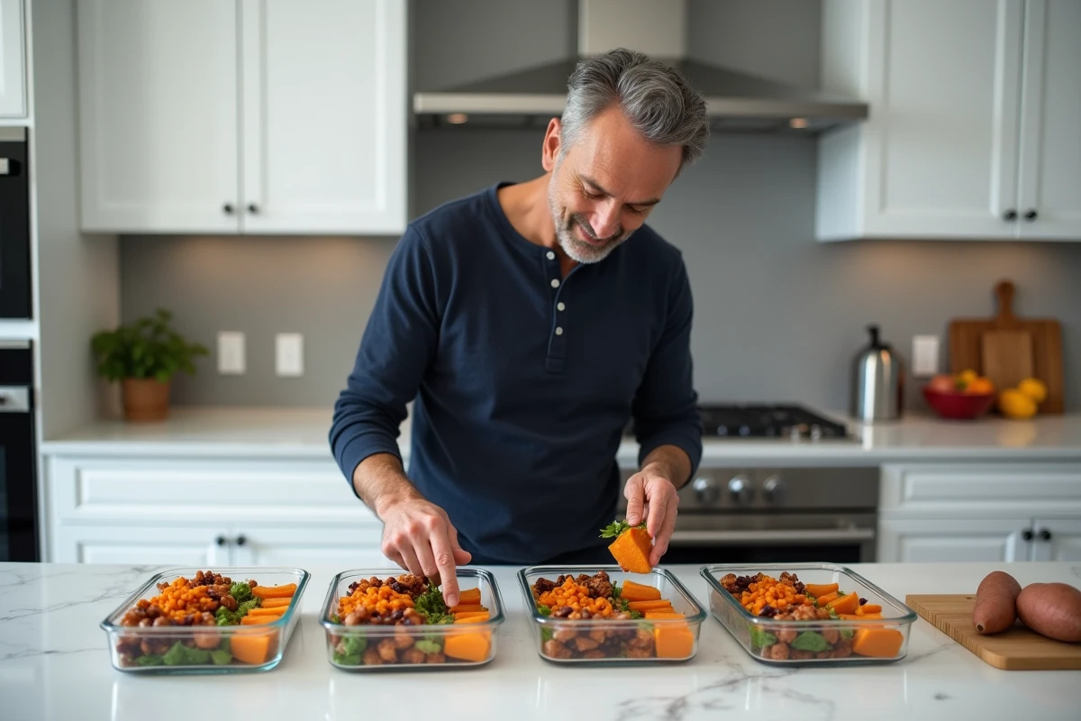 Homme préparant des repas familiaux rapides à base de patate douce et haricots noirs dans une cuisine moderne