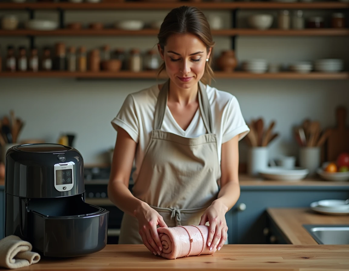 Femme plaçant un rôti de porc farci et ficelé dans un air fryer dans une cuisine domestique authentique