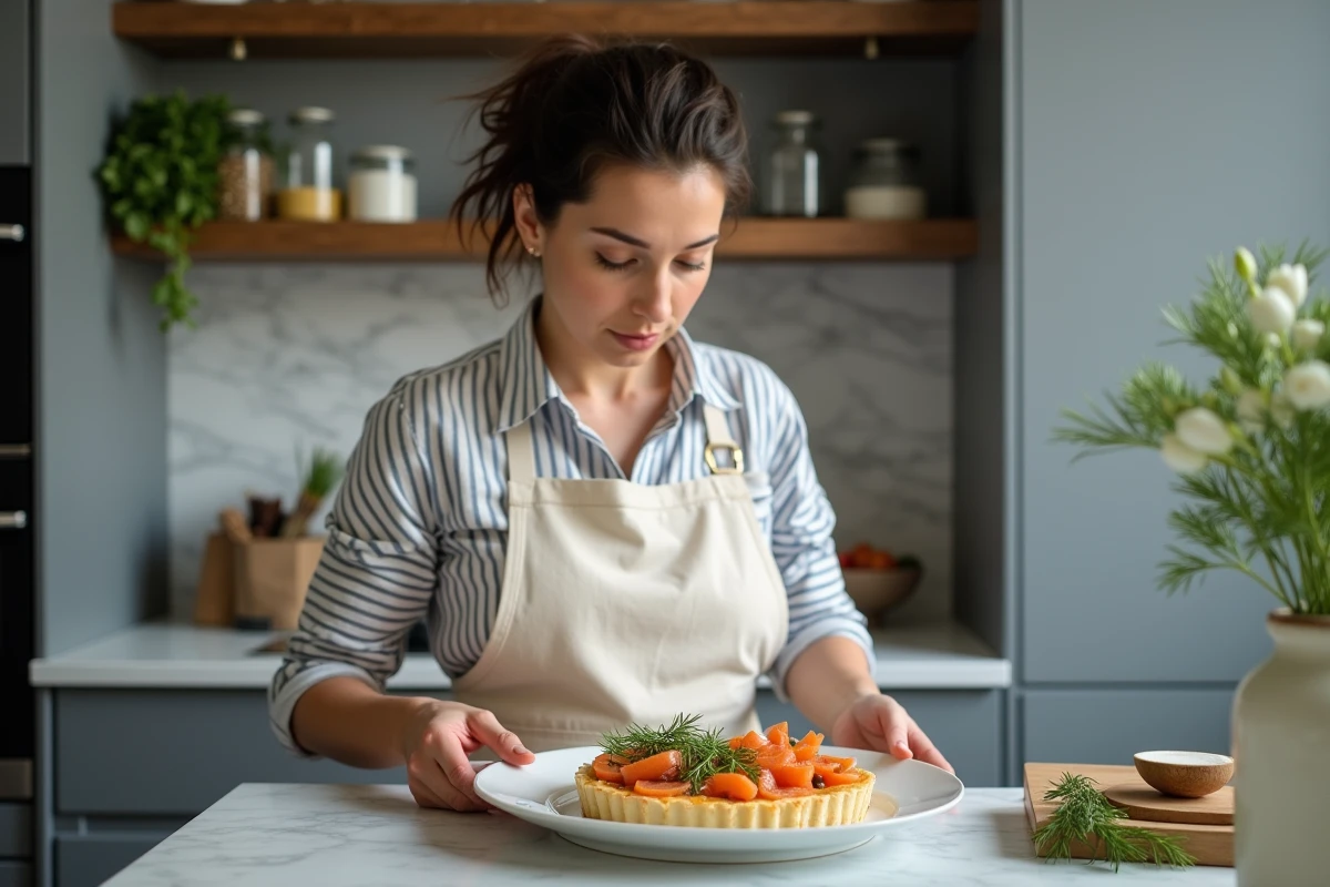Femme préparant une tarte salée au citron ricotta avec saumon et aneth dans une cuisine moderne
