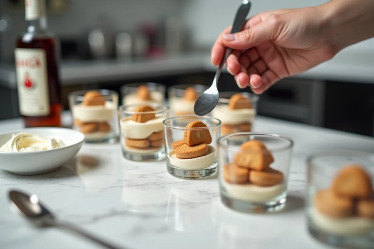Chef pâtissier préparant des verrines de tiramisu au Kahlúa dans une cuisine professionnelle avec des biscuits imbibés de café