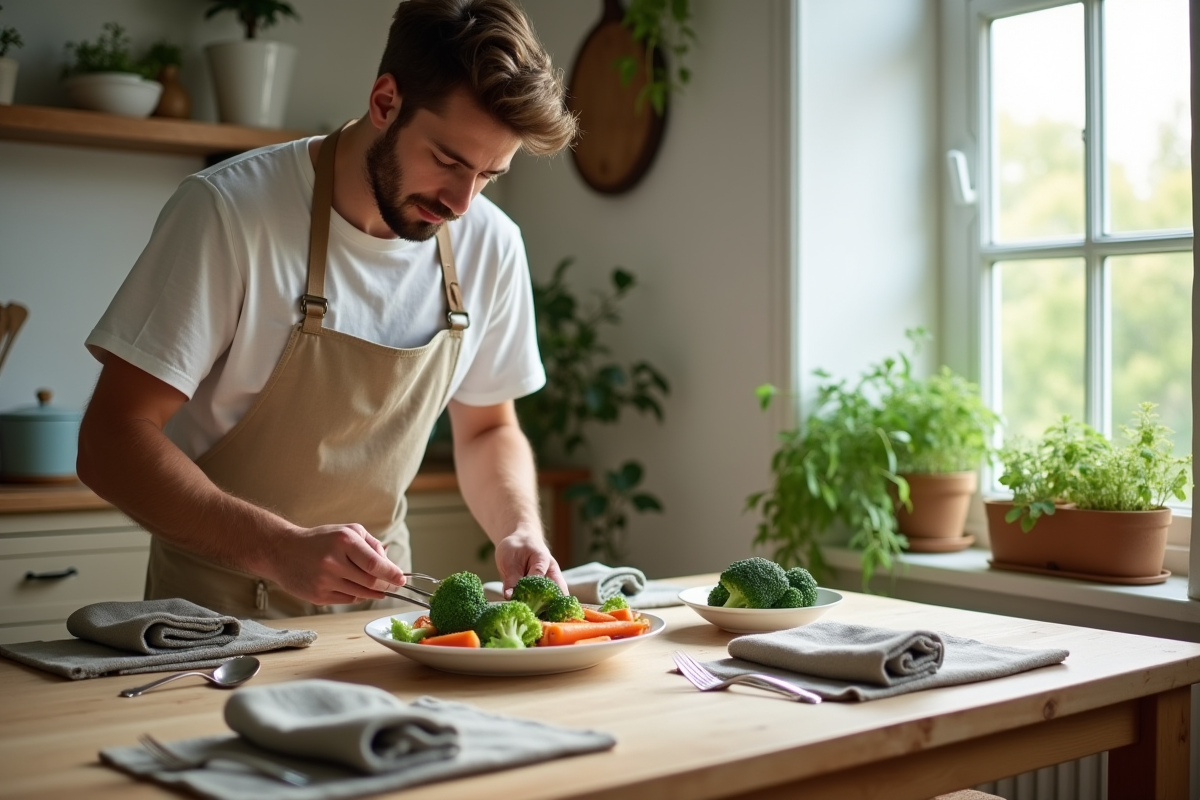 Jeune homme disposant des brocolis et carottes sur une assiette blanche