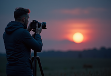 Photographe professionnel avec trépied capture pleine lune sur campagne