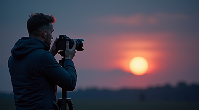 Photographe professionnel avec trépied capture pleine lune sur campagne
