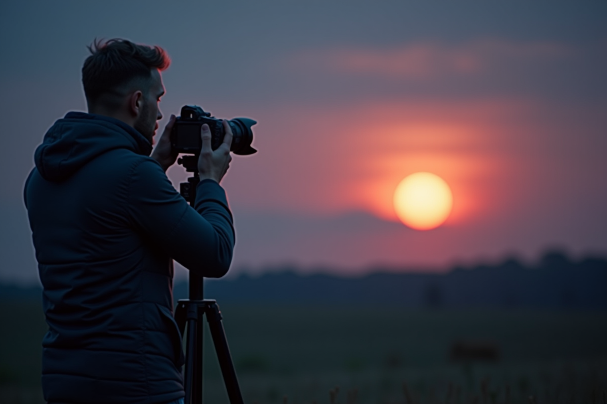 Photographe professionnel avec trépied capture pleine lune sur campagne