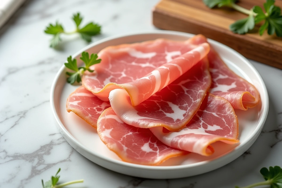 Tranches fines de prosciutto di Parma rosé disposées en éventail sur une assiette blanche