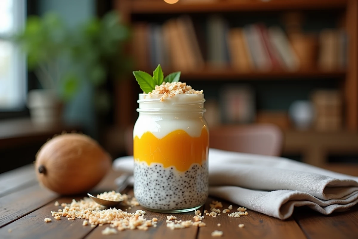 Pudding de chia à la mangue et au lait de coco dans un bocal en verre sur table en bois rustique