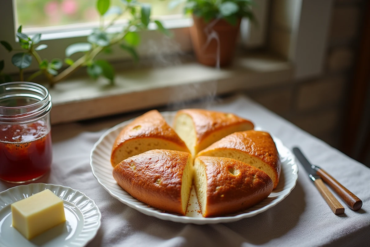 Gâteau quatre quart breton tranché avec confiture et beurre dans une cuisine chaleureuse