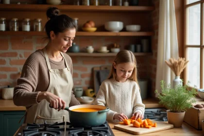 Mère et fille préparant ensemble une recette rapide de patate douce dans une cuisine familiale chaleureuse