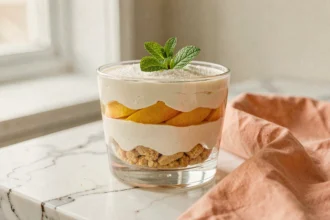 Verrine de pêches et crème mascarpone avec crumble doré, présentée dans un verre élégant sur marbre blanc