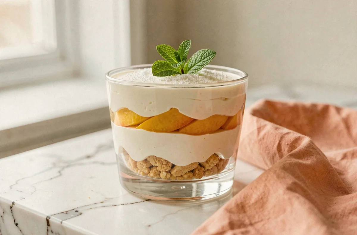 Verrine de pêches et crème mascarpone avec crumble doré, présentée dans un verre élégant sur marbre blanc