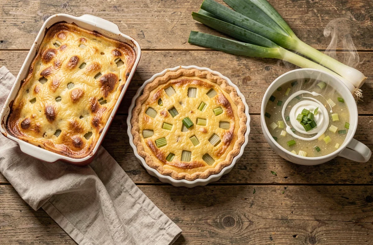 Gratin, quiche et soupe maison aux poireaux cuits à l'eau présentés sur une table en bois rustique
