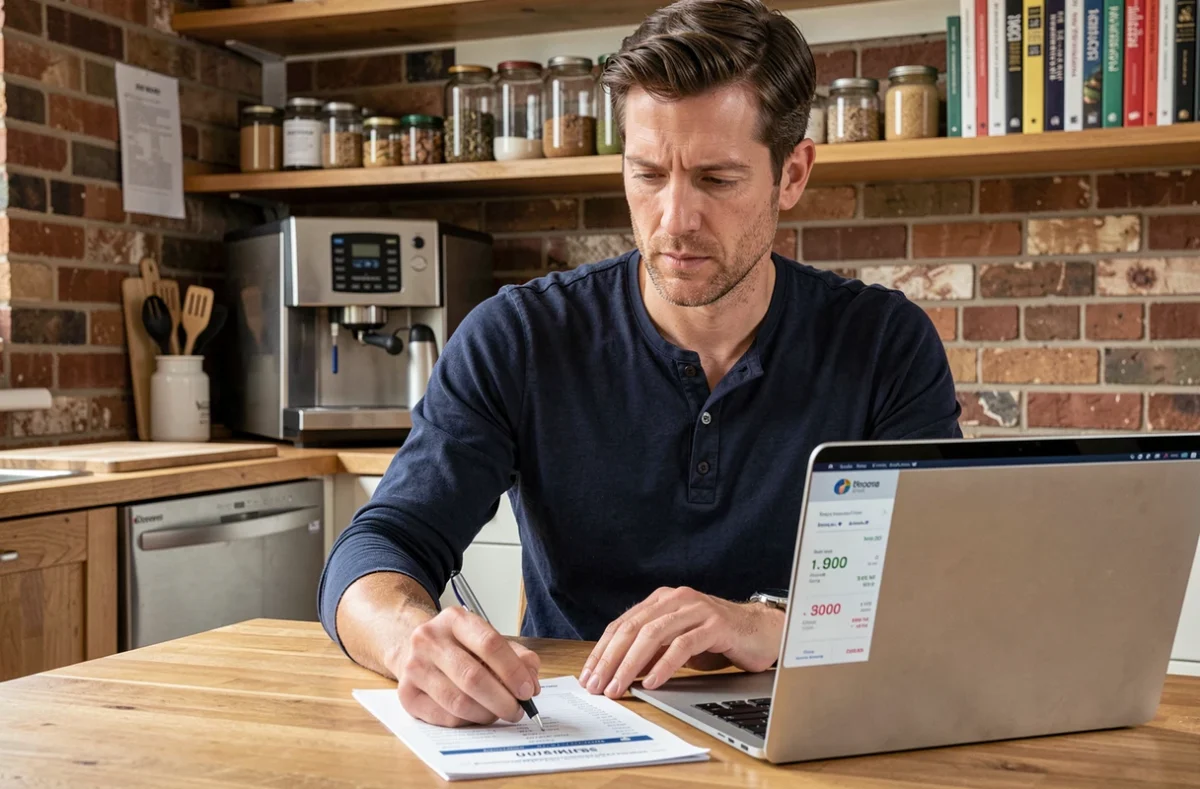 Homme recherchant le meilleur prix pour un robot cuiseur sur ordinateur portable dans une cuisine chaleureuse