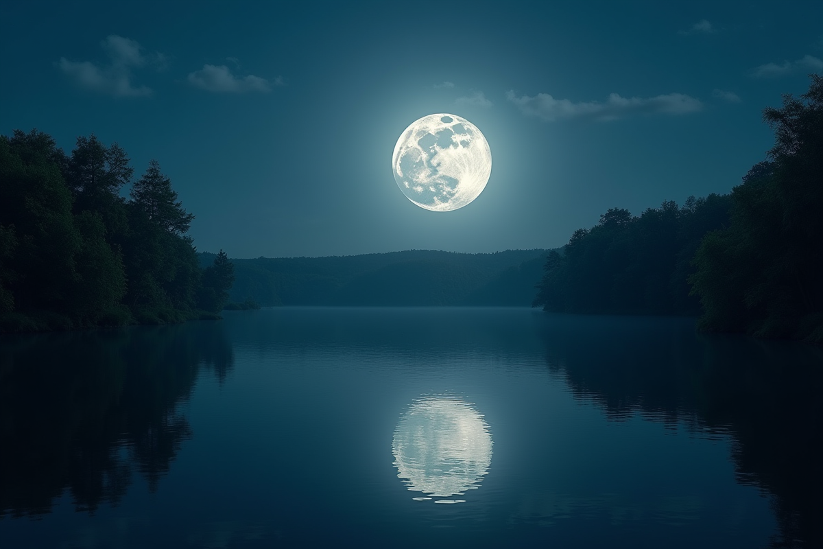 Lune pleine reflétée sur un lac paisible entouré d