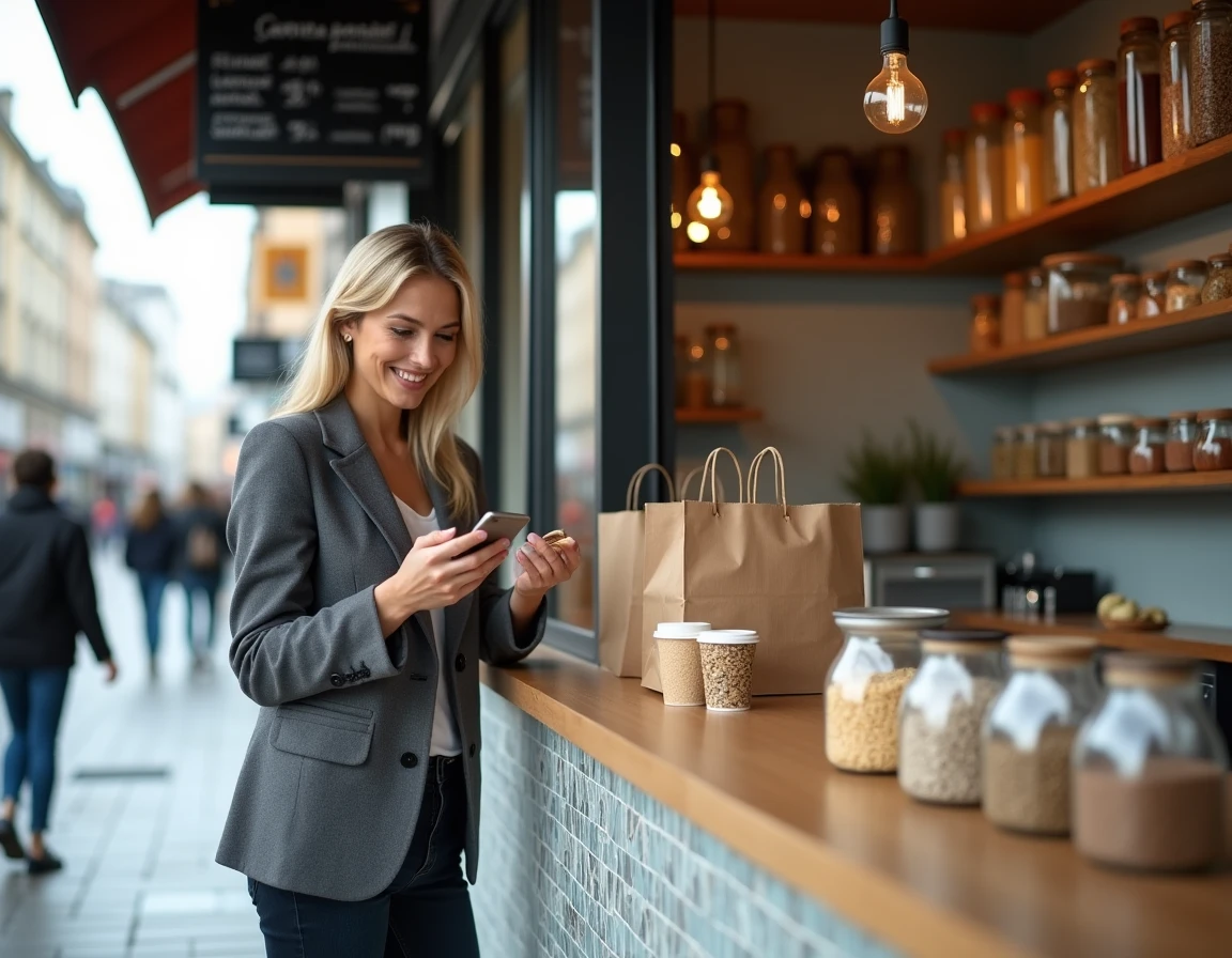 Femme récupérant un repas à emporter dans une sandwicherie moderne près du centre piéton de Lille