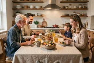 Famille réunie autour d'un repas équilibré le soir avec légumes rôtis, poulet grillé et salade fraîche sur une table en bois