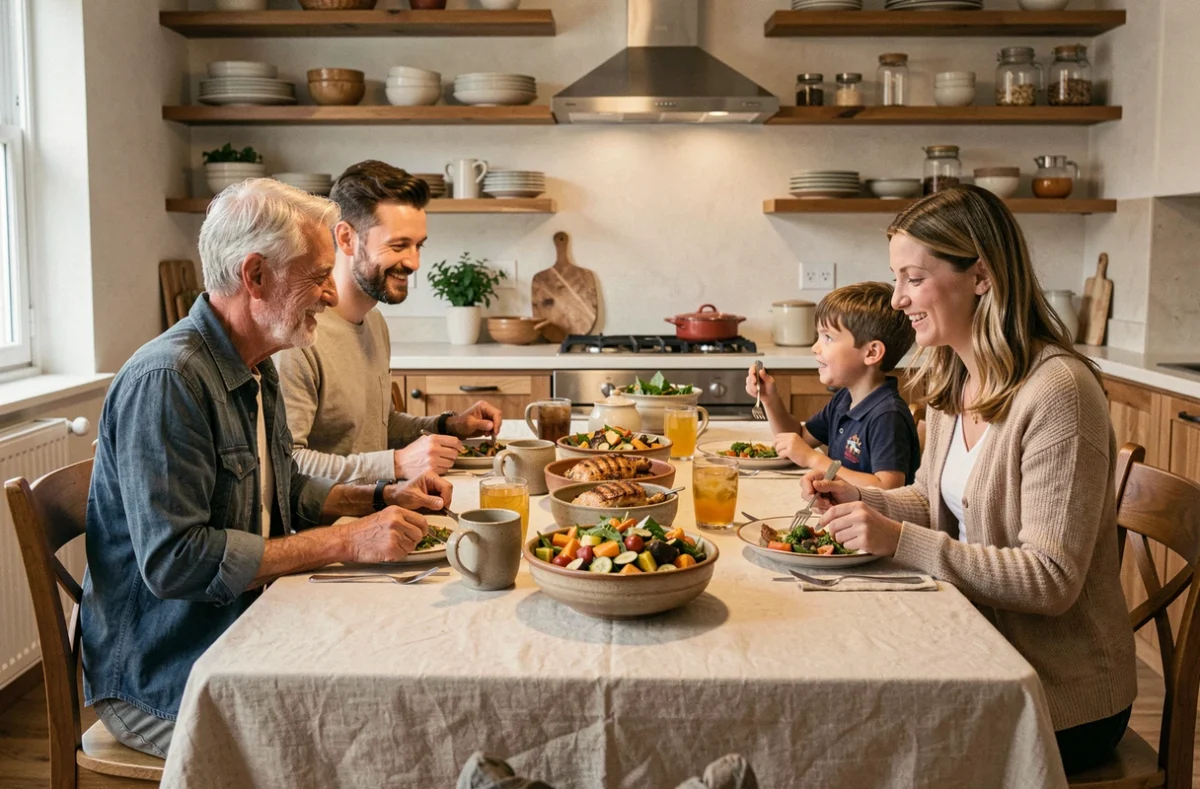 Famille réunie autour d'un repas équilibré le soir avec légumes rôtis, poulet grillé et salade fraîche sur une table en bois