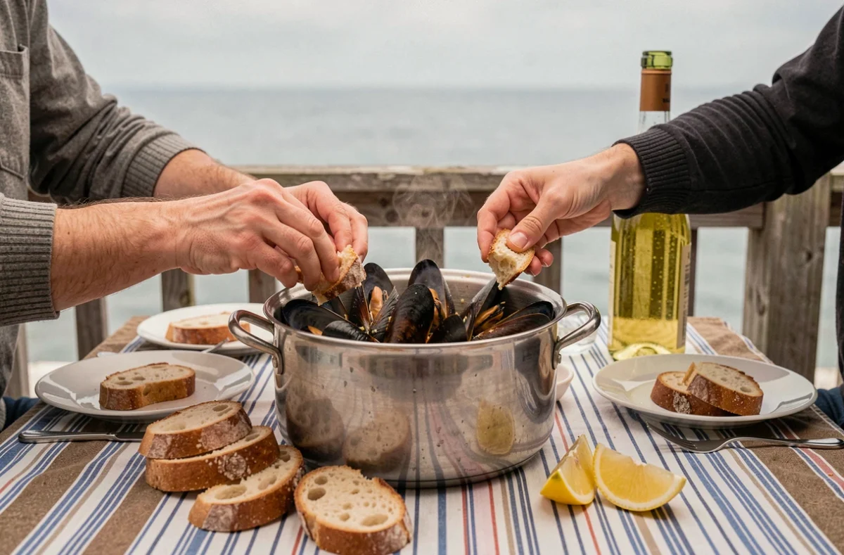 Repas convivial de moules au vin blanc partagé en plein air sur une terrasse en bois face à la mer