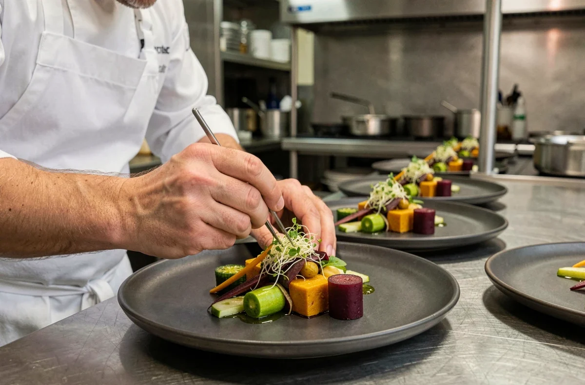 Chef dressant une assiette végétale gastronomique au restaurant Arborescence à Croix