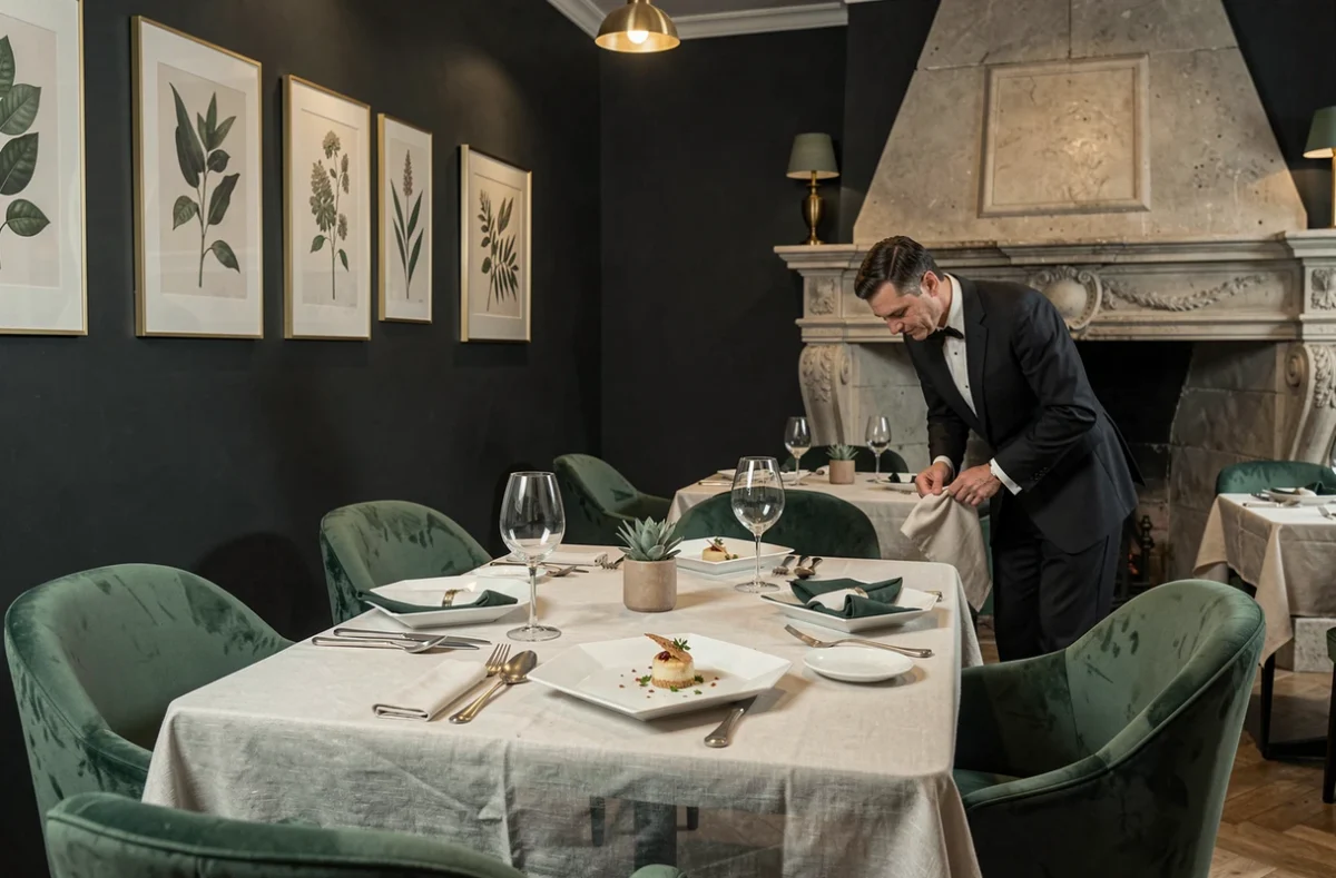 Salle feutrée et élégante du restaurant étoilé Bacôve à Saint-Omer avec table dressée et décor raffiné