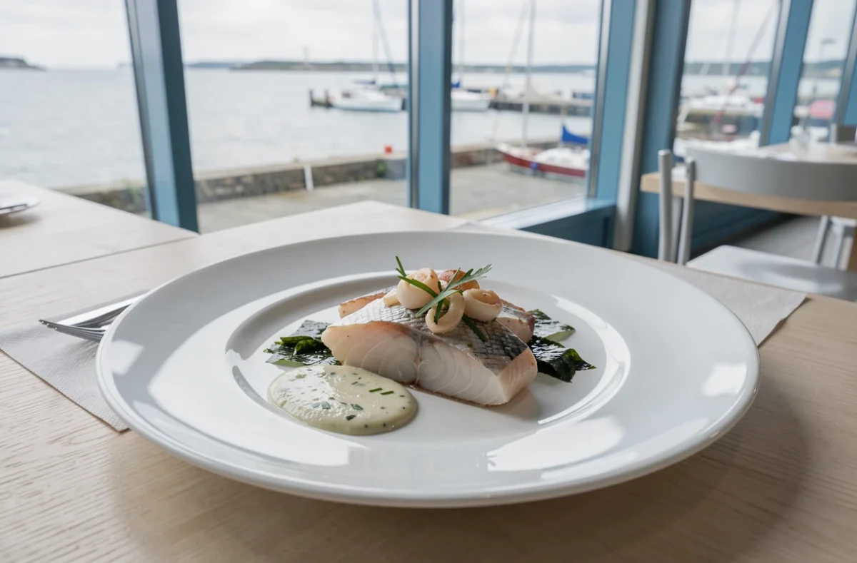 Assiette de fruits de mer gastronomique au restaurant Dona à Dunkerque, avec vue sur le port en arrière-plan