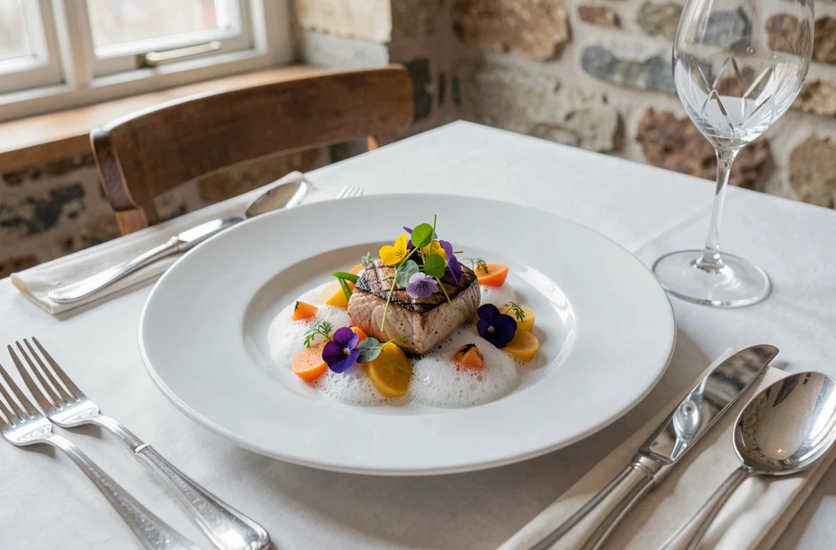Assiette gastronomique raffinée servie à La Laiterie, restaurant à Lambersart, avec décor en pierre apparente