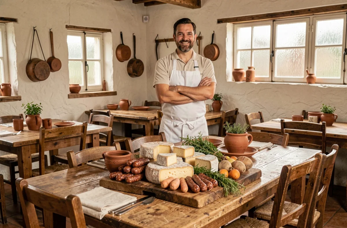 Chef présentant des produits du terroir nordiste au restaurant Le Cerisier, avec planches de fromages et charcuteries locales