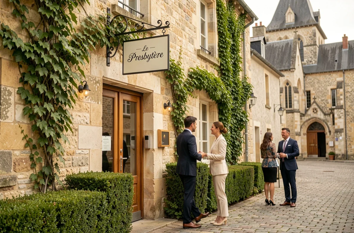 Façade en pierre du restaurant Le Presbytère dans le village de Lecelles, avec des clients à l'entrée