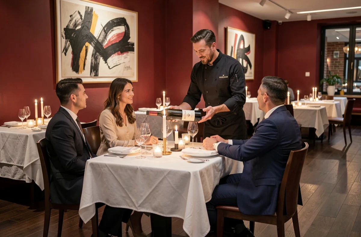 Sommelier servant du vin à des clients au restaurant étoilé Rouge Barre, au cœur de Lille