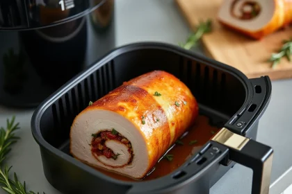 Rôti de porc farci coupé en tranches dans un panier d'air fryer, révélant une garniture spiralée aux herbes et tomates séchées